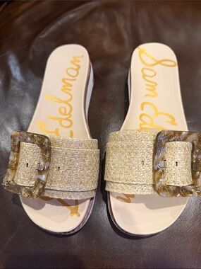 Sam Edelman Beige Woven Slide Sandals with Tortoiseshell Buckle